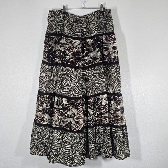 Chicos Animal Print Silk Maxi Skirt Size 2 Medium Brown Peasant Boho Western - Picture 1 of 7
